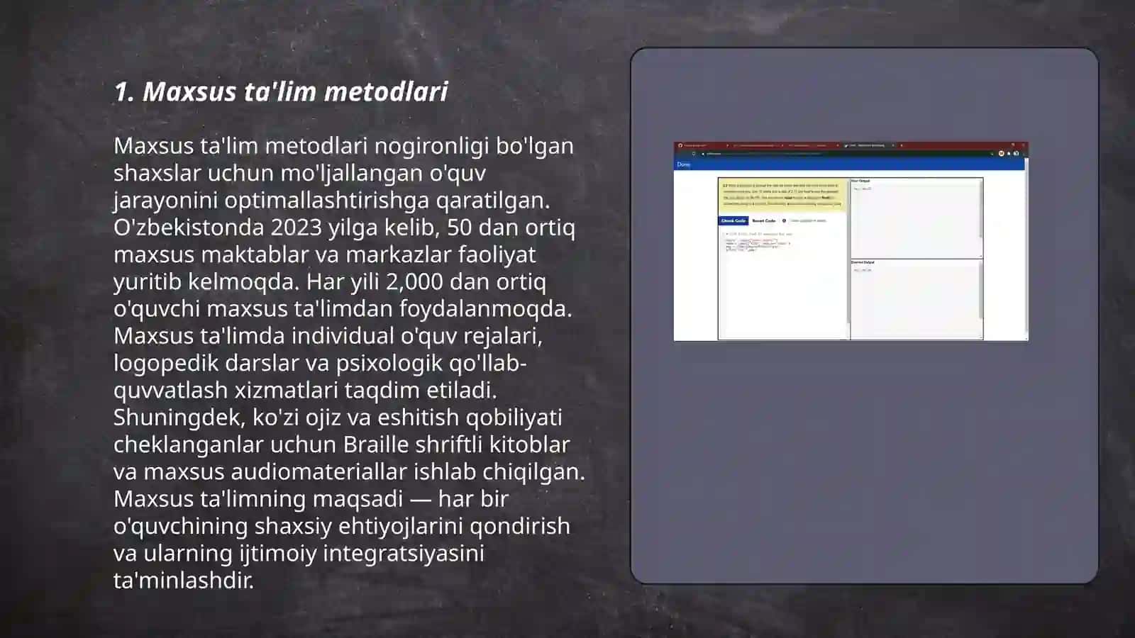 Imkoniyati cheklangan bolalarni o‘qitishda ta‘lim metodlari va vositalari ta‘limni tashkil qilish shakllari va turlari to‘g‘risida bilimlarni berish 3