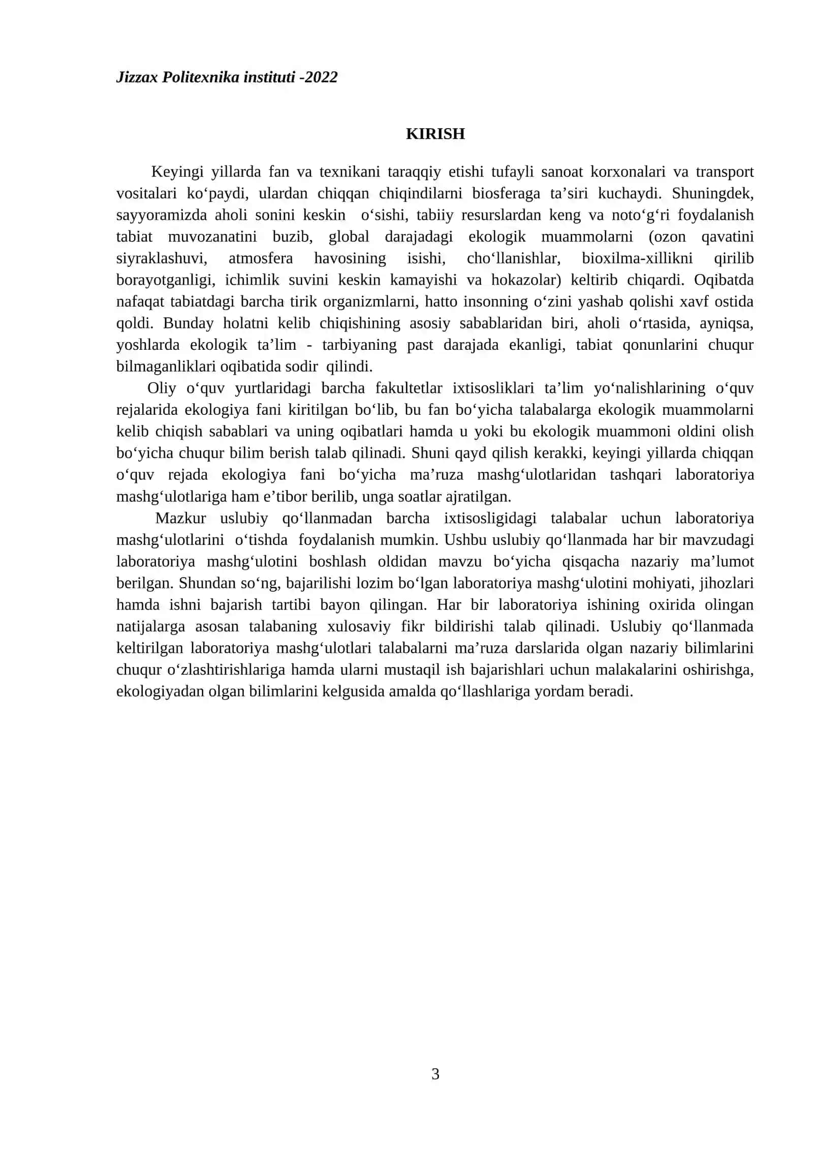 Sanoat Ekologiyasi fanidan Tajriba Mashg'ulotlari 3