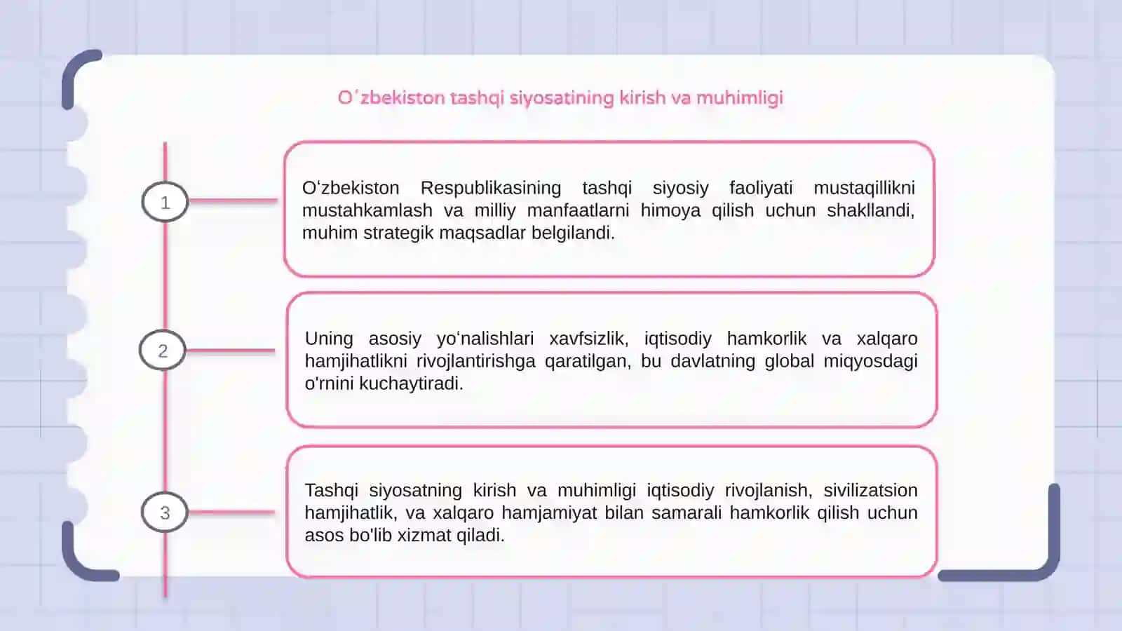 Oʻzbekiston respublikasi tashqi siyosiy faoliyatining shakllanishi va uning ustuvor yoʻnalishlari 3
