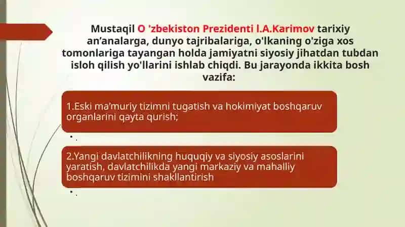 O’zbekistonda demokratik, fuqarolik jamiyati asoslarining shakllanishi, amalga oshirilgan siyosiy islohotlar 3