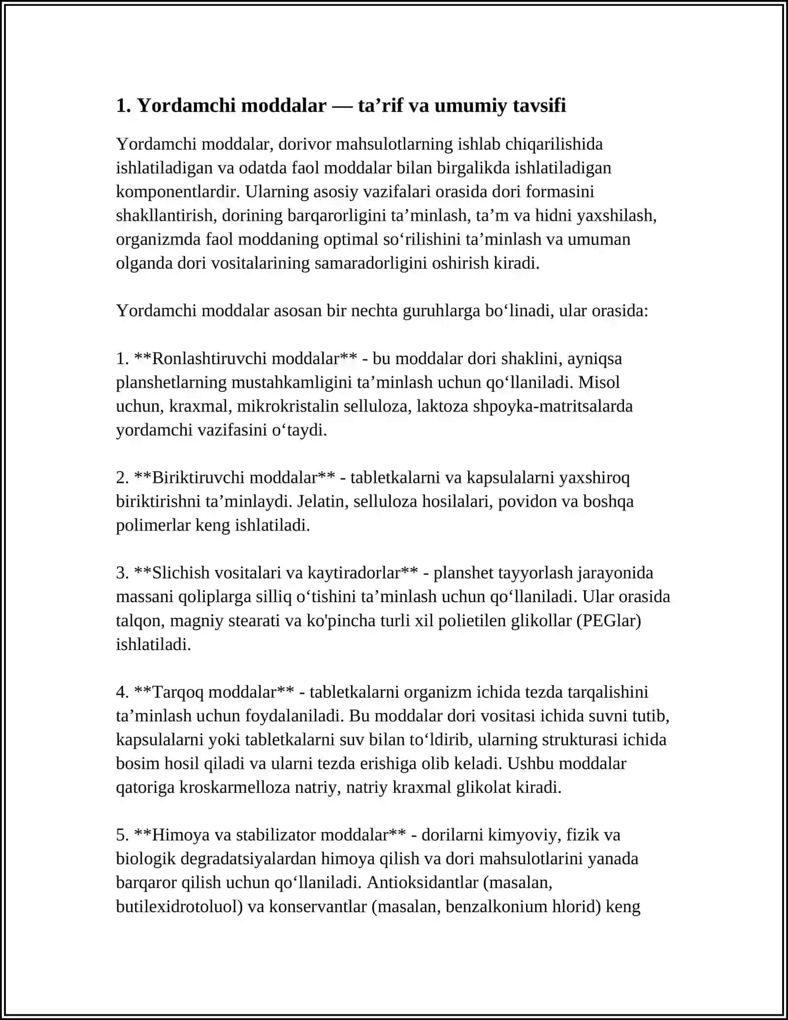 TAYYOR DORI VOSITALARINI ISHLAB CHIQARISHDA ISHLATILADIGAN YORDAMCHI MODDALAR 3