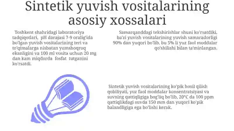 Sintetik yuvish vositalarining xossalarining o'zgarishi va qo'llanilishi 3