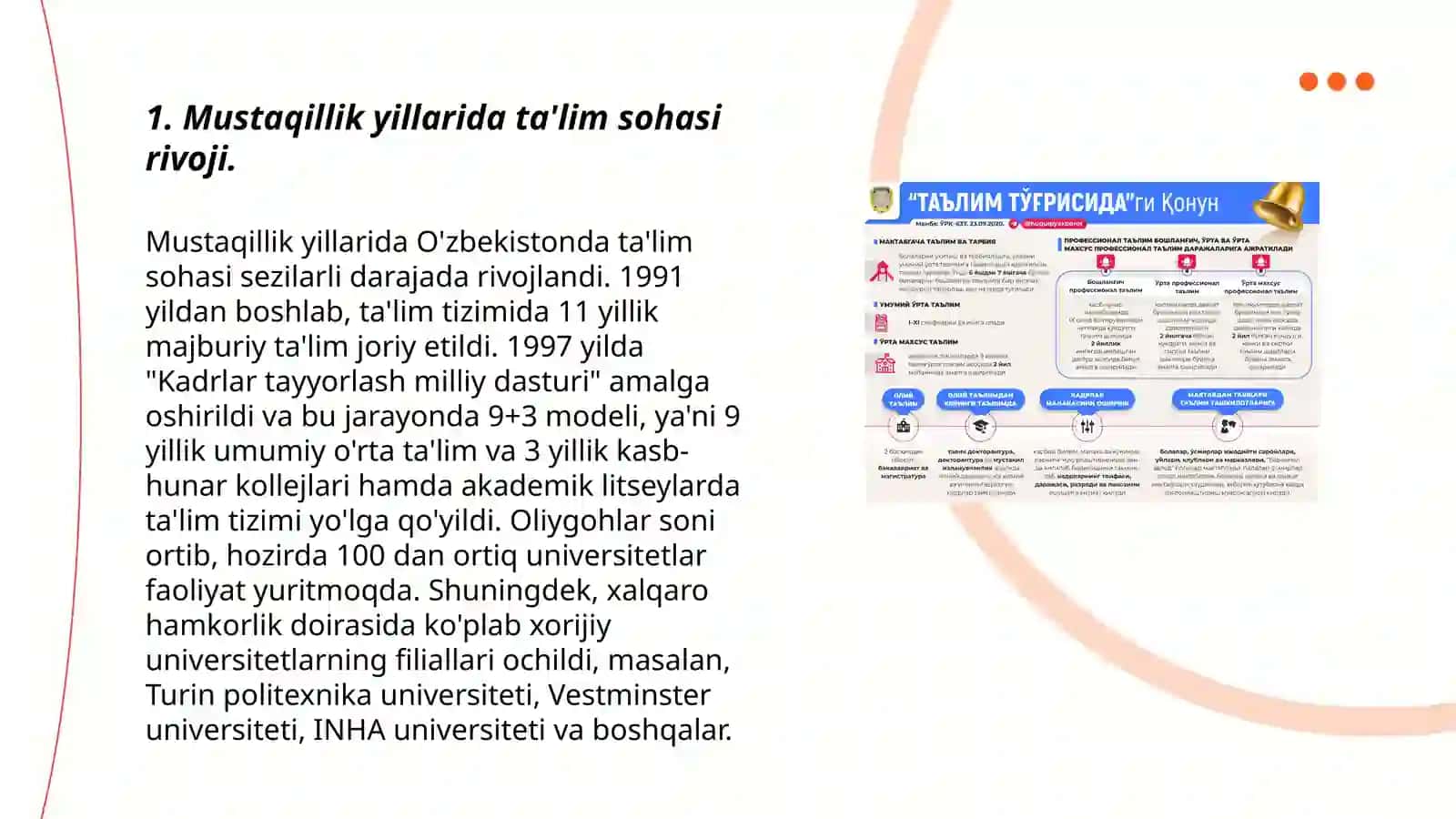O'zbekiston Respublikasida talim soxasida amalga oshirilgan isloxotlari 3