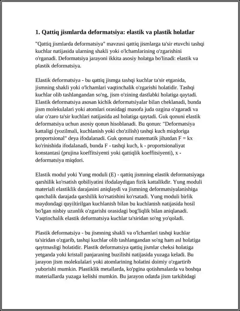 QATTIQ JISMLAR DEFORMATSIYASI VA MEXANIK KUCHLANISH. GUK QONUNI.YUNG MODULI 3