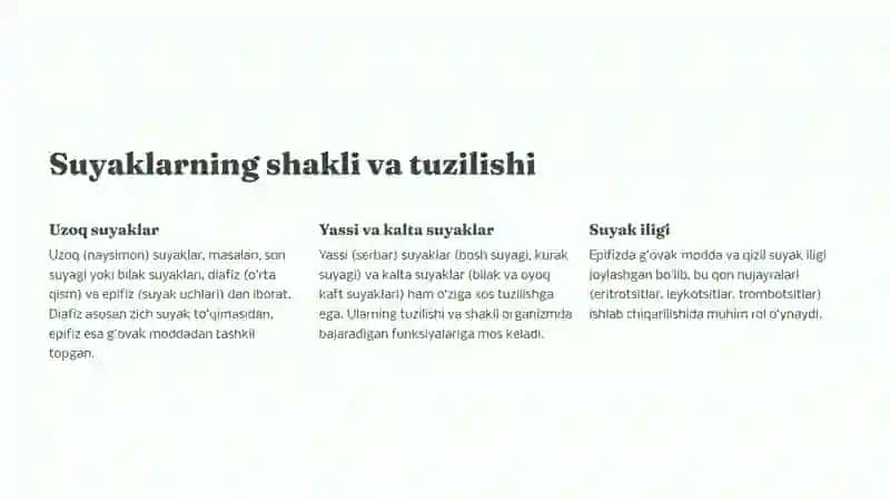 Bolalarda suyak tizimini anatomo-fiziologik hususiyatlari. Skletni o'sishi va shakllanishi. Suyak usti paradasi hususiyatlari. 3