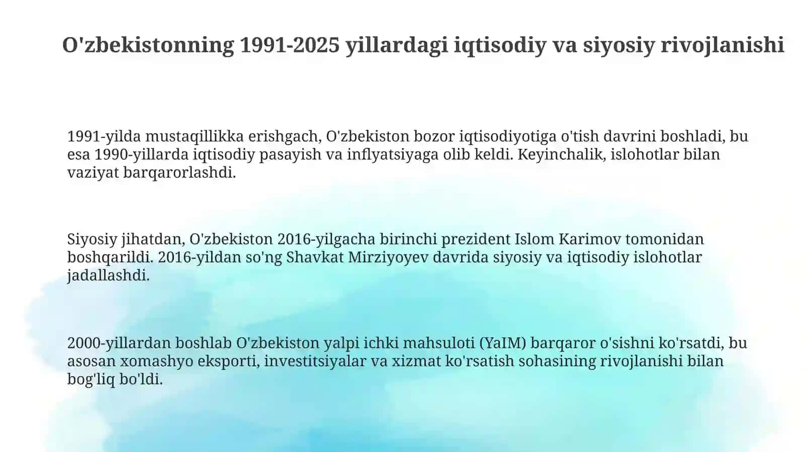 Mavzu: "1991-2025-yillarda Oʻzbekiston va jahon davlatlari taraqqiyoti" 3