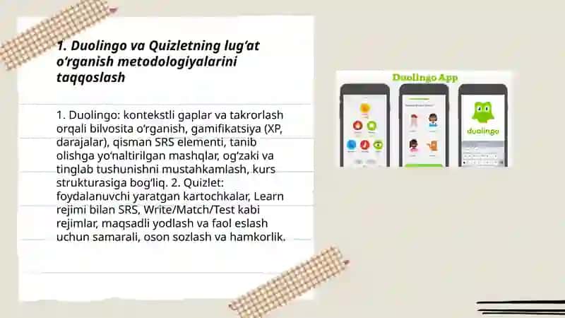 Duolingo va Quizletni solishtirish: Lug‘at (so‘z boyligi) o‘rganishda amaliy qo‘llanilishi 3