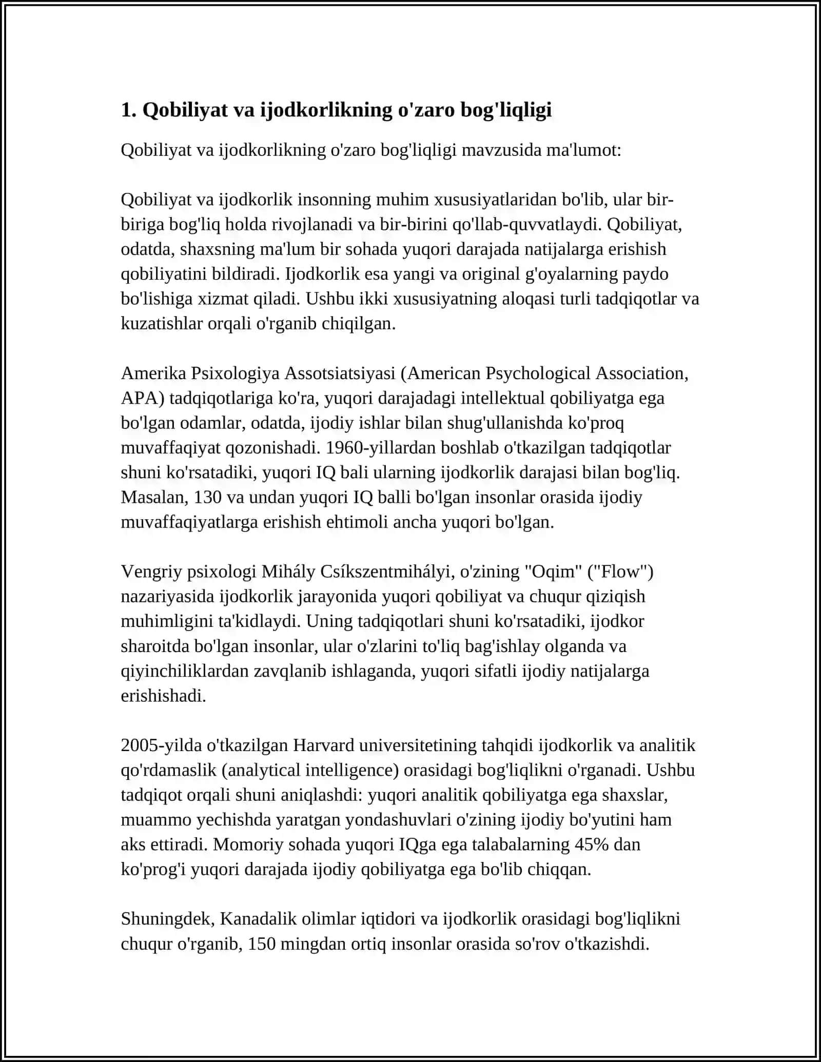 MUSTAQIL ISH Mavzu: IQTIDORNING MA'LUM BIR TENDENTSIYA BILAN BOG'LIQLIGI IJODIY FAOLIYAT TURI 3