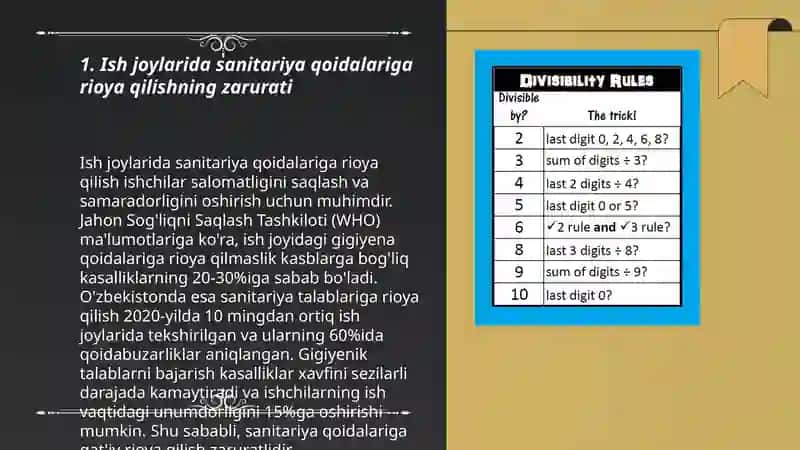 Xavfsiz va sogʻlom mehnat sharoitlarini yaratishda amaldagi sanitariya qoidalari va meyorlarining ahamiyati 3