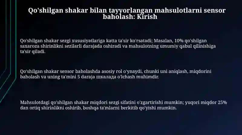 Qo'shilgan shakar bilan tayyorlangan mahsulotlariga sensorik baho berish 3