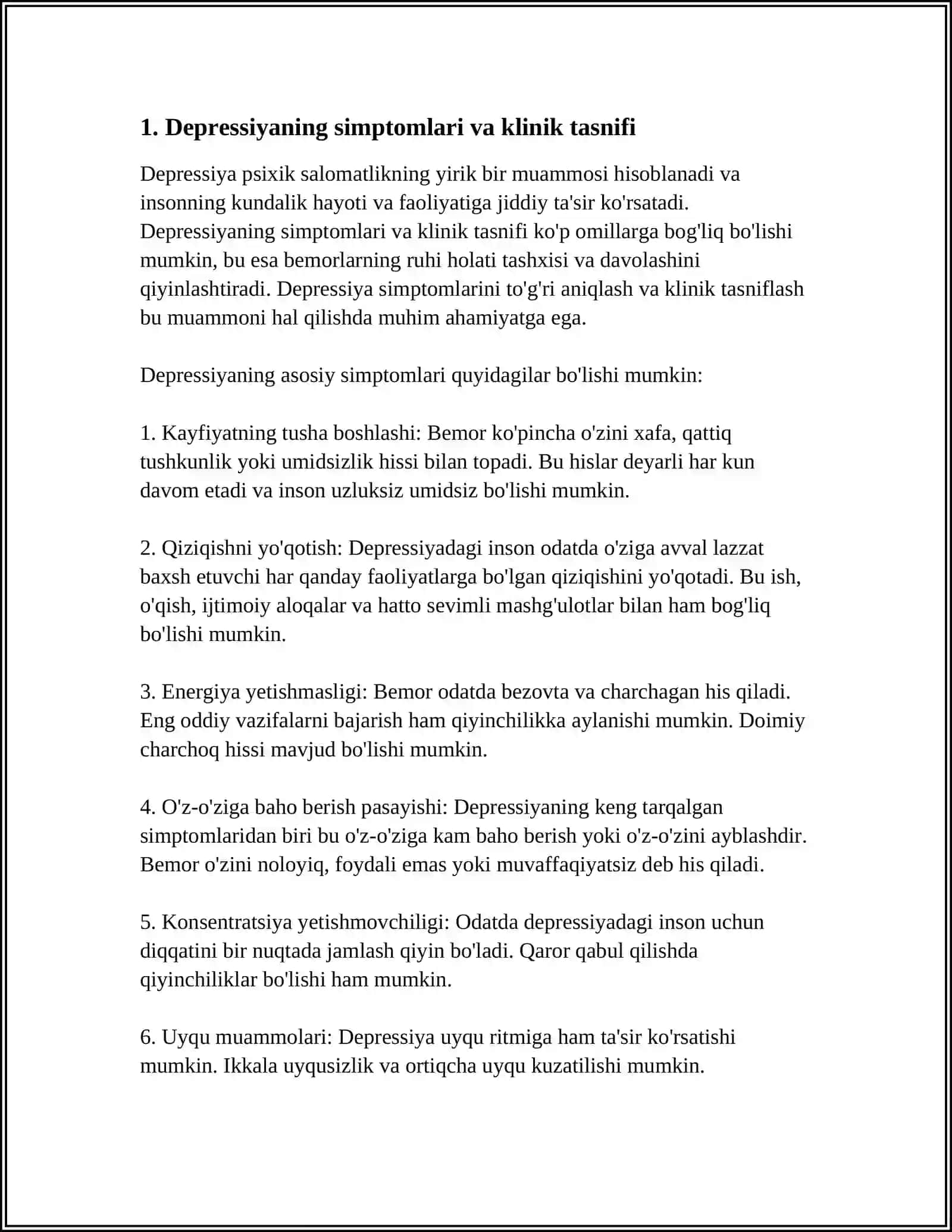 BEMORLARNI RUHIY HOLATI " DEPRESSIYA, SHOK, QO‘RQUV, CHO‘CHISH, IPOXONDRIYA, O‘ZINI AYBDOR HIS QILISH" SUITSIDAL FIKRLASH 3