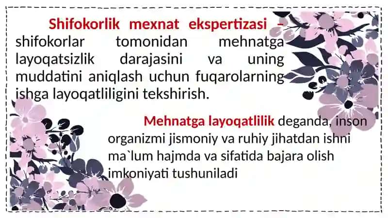 Jamoat salomatligi - Vaqtinchalik va turg'un holatdagi mehnat qobilyatini aniqlashning vrachlik ekspertizasini tashkil etish. 3