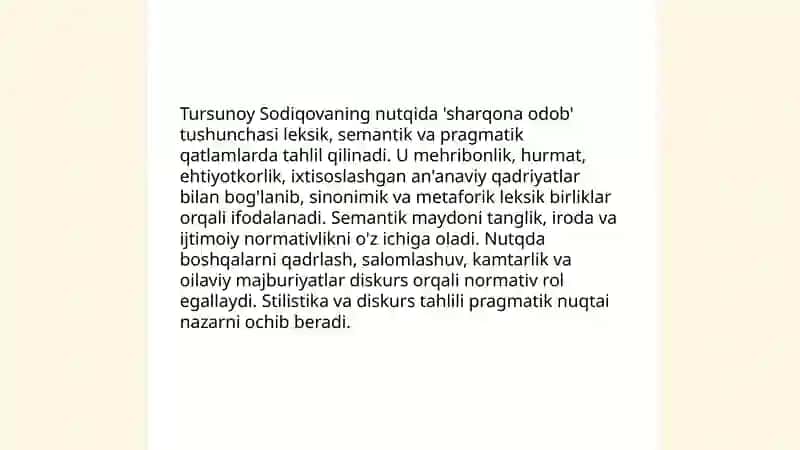 Tursunoy Sodiqovaning nutqida sharqona odob masalalarining aks etishi 3
