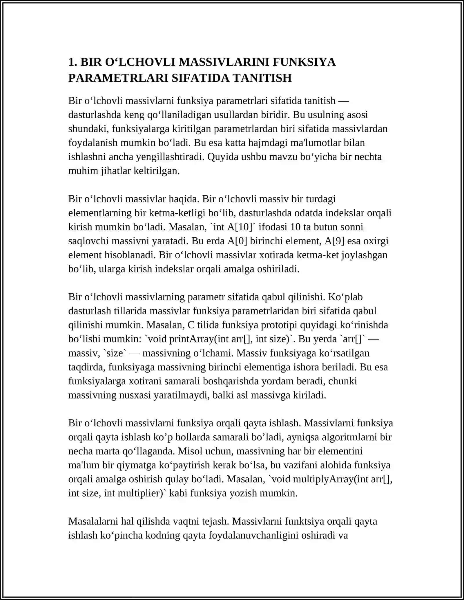 BIR O‘LCHOVLI MASSIVLARNI FUNKSIYA PARAMETRLARI SIFATIDA QO‘LLANILISHI 3