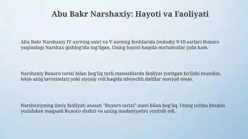 Abu Bakr Narshaxiy: Hayoti va Faoliyati 3