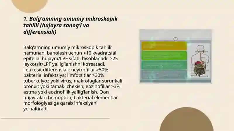 Nafas a’zolari kasalliklaridagi balg‘am va plevra suyuqligini labarator tekshiruv natijalarini interpretatsiyasi 3