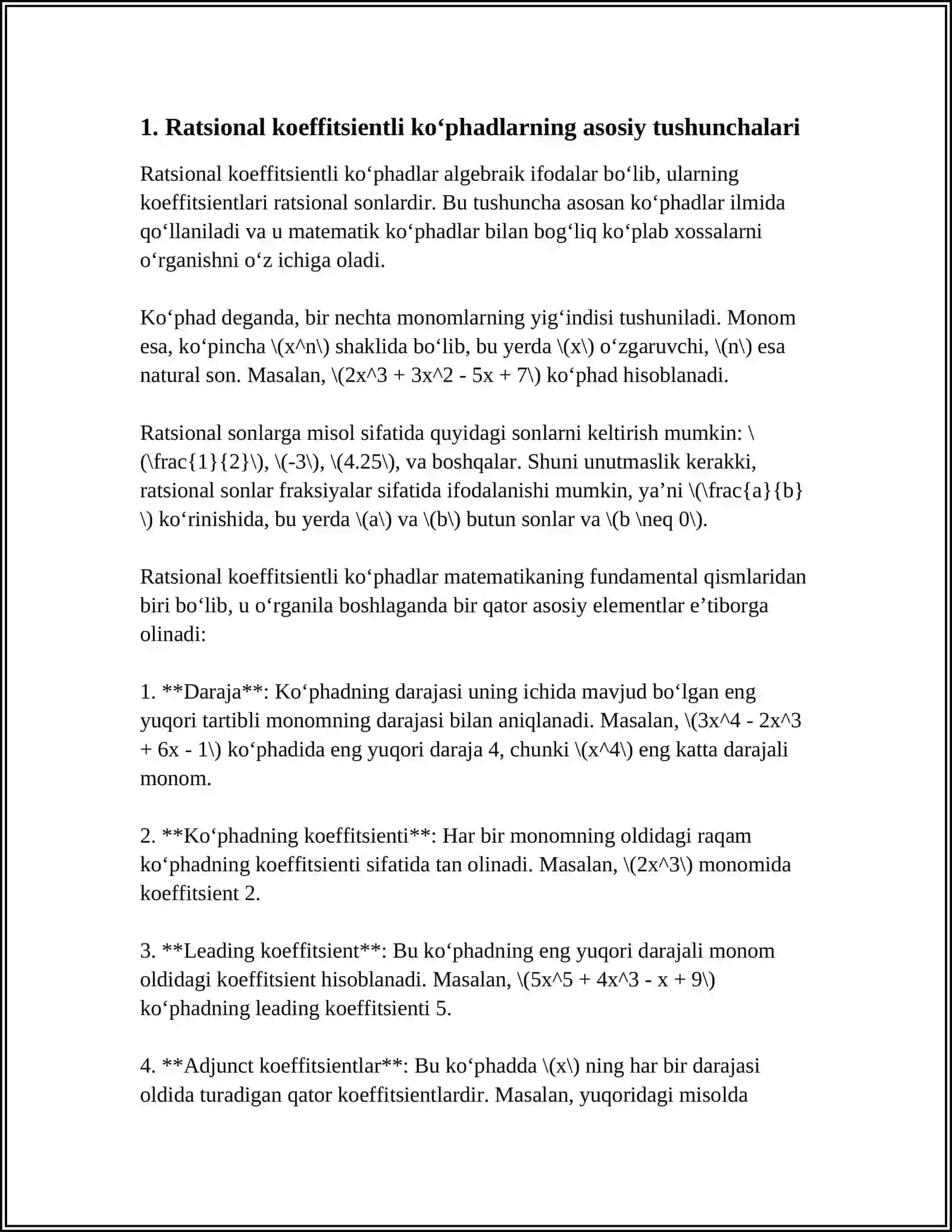 RATSIONAL KOEFFITSIENTLI KOʻPHADLAR 3