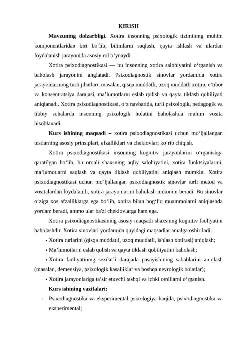 "Xotira psixodiagnostikasi uchun mo'ljallangan psixodiagnostik sinovlar" 3