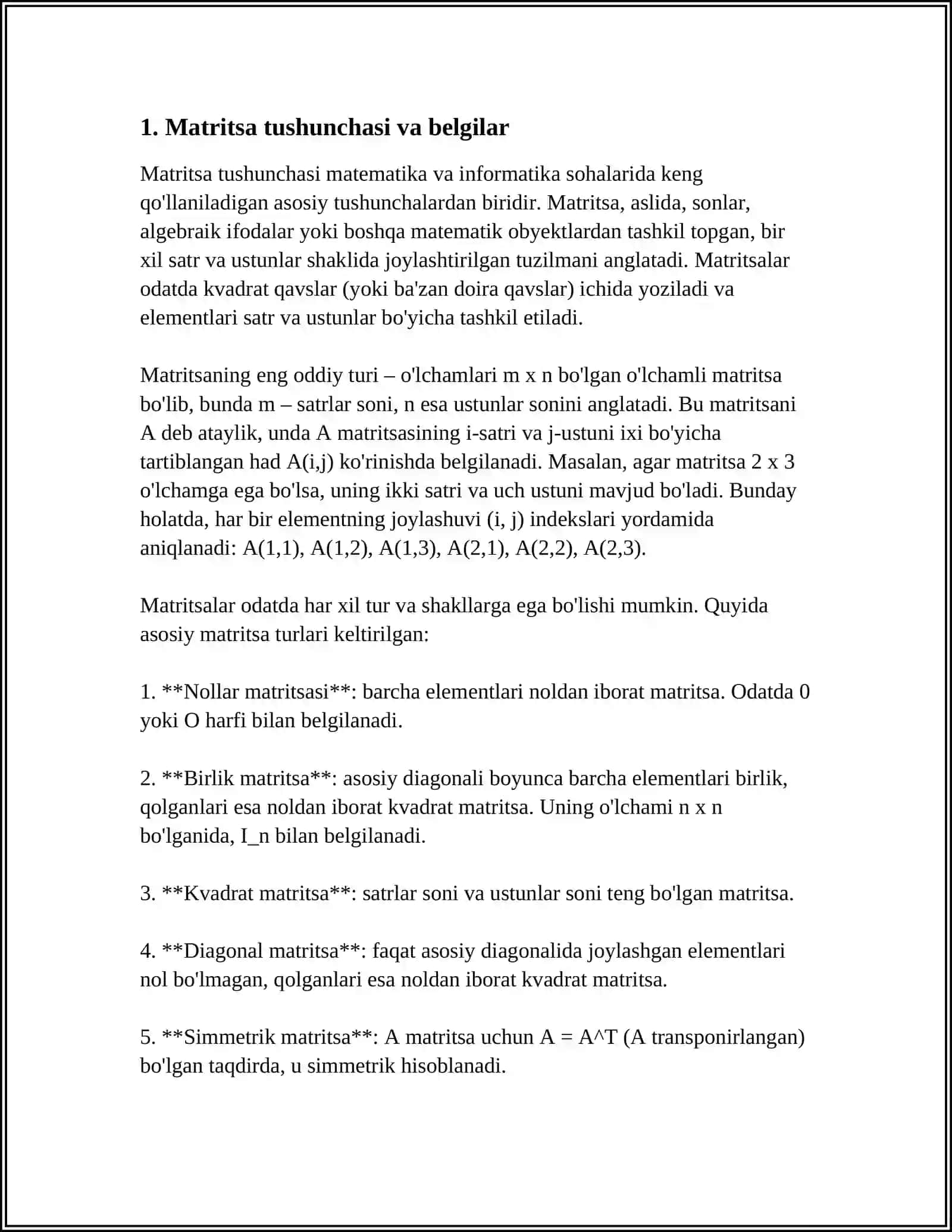 MATRITSA TUSHUNCHASI. MATRITSANING ASOSIY TURLARI. MATRITSA USTIDA AMALLAR 3