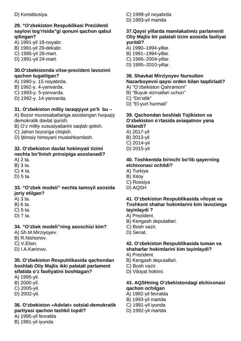 O‘ZBEKISTONNING ENG YANGI TARIXI FANIDAN YAKUNIY NAZORAT TEST SAVOLLARI (200 TA) 3