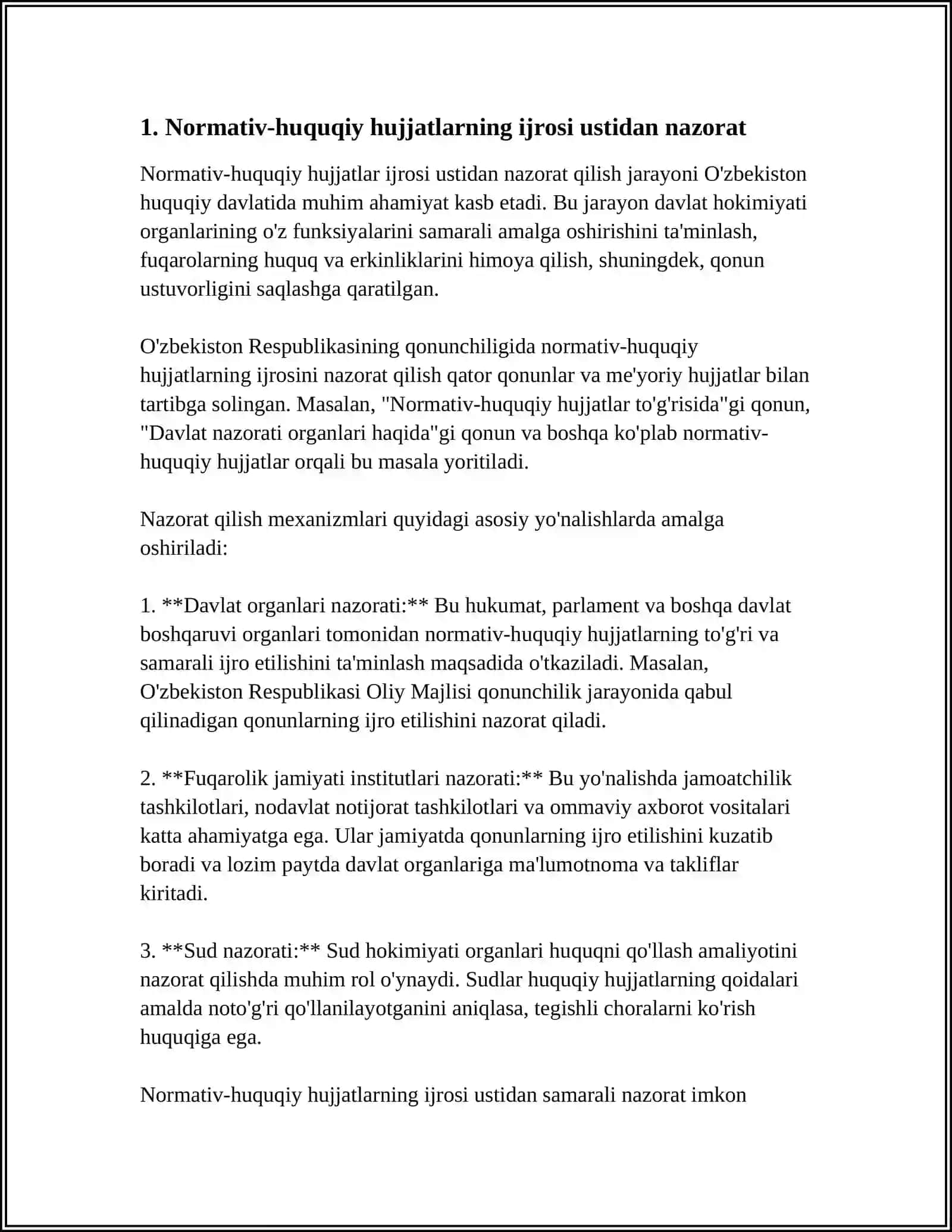 O’ZBEKISTON RESPUBLIKASINING IJRO ETUVCHI HOKIMIYATI (VAZIRLIKLAR VA BOSHQA BOSHQARUV ORGANLARI) TOMONIDAN QABUL QILINADIGANMAʼMURIY QARORLAR USTIDAN NAZORAT MEXANIZMLARINI O’RGANING 3