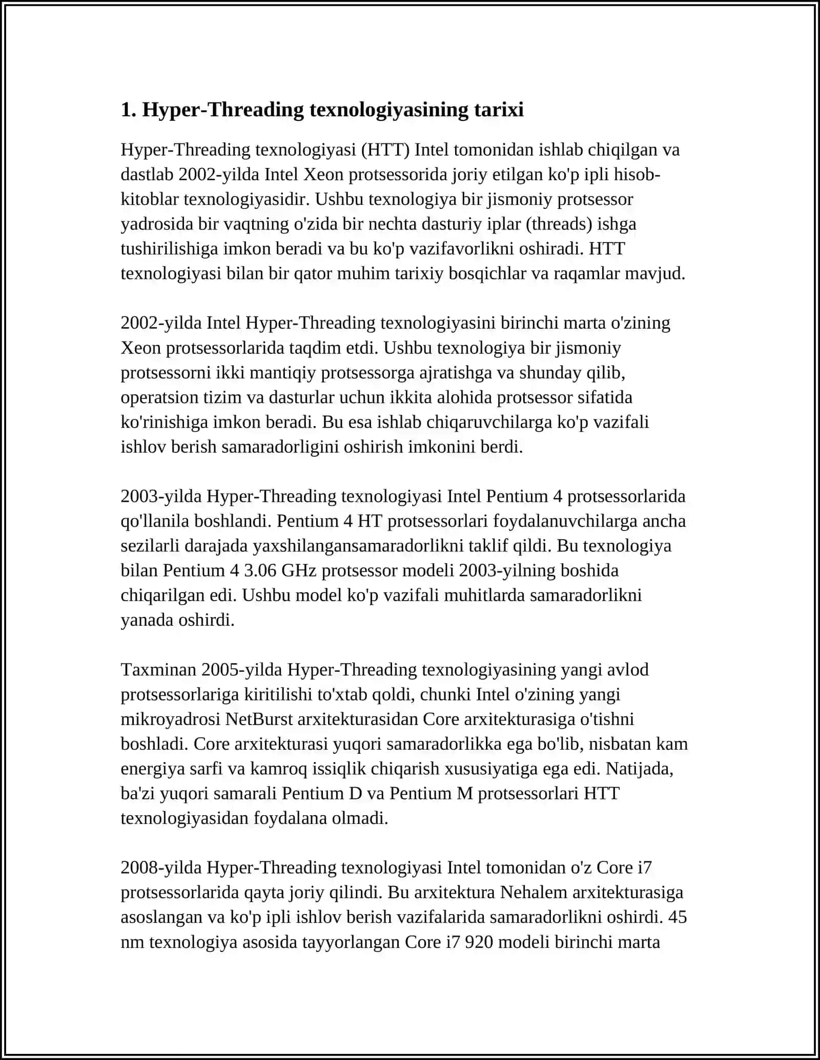 MUSTAQIL ISH Mavzu: HYPER-THREADING TEXNOLOGIYASI 3