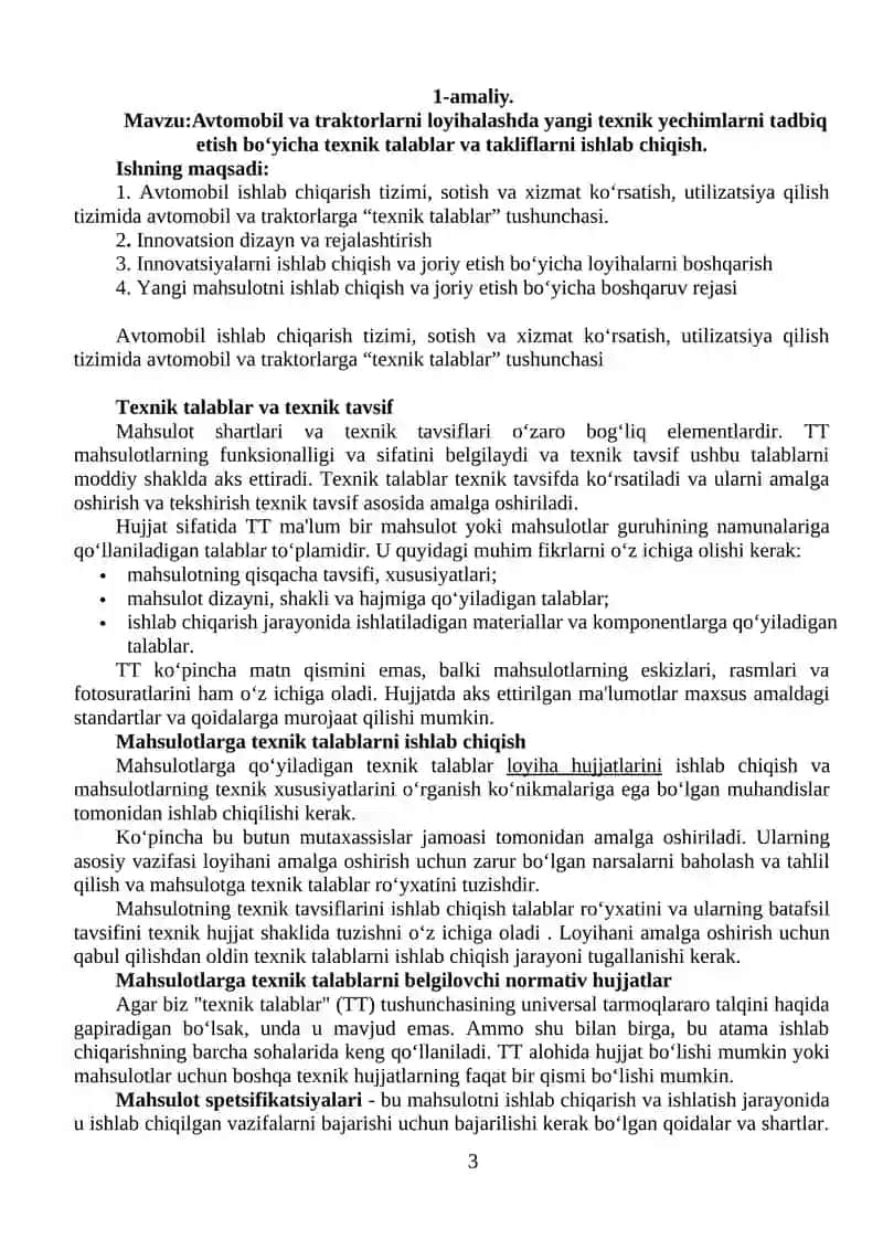 Yangi maxsulotni yaratish va ishlab chiqarish fanidan Amaliy mashg‘uloti 3