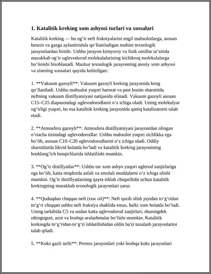 Katalitik Kreking Xom Ashyosi, Parametrlari va Mahsulotlari 3
