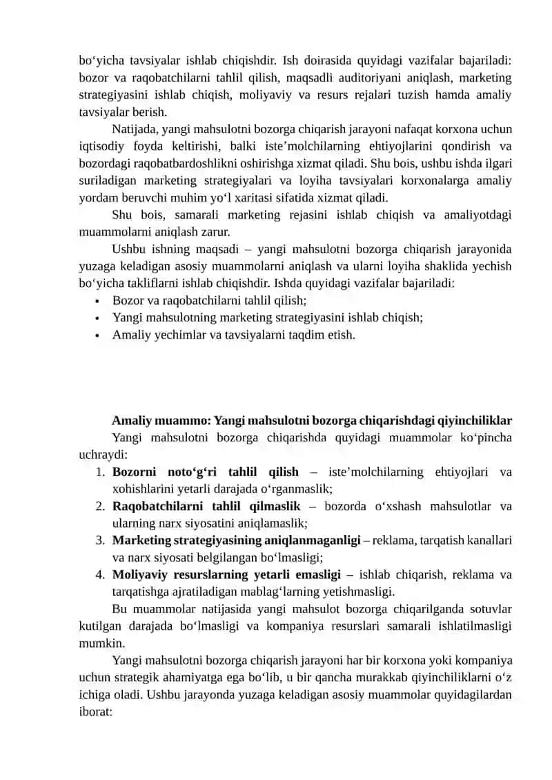 YANGI MAHSULOTNI BOZORGA CHIQARISH BO‘YICHA MARKETING REJA ISHLAB CHIQISH 3