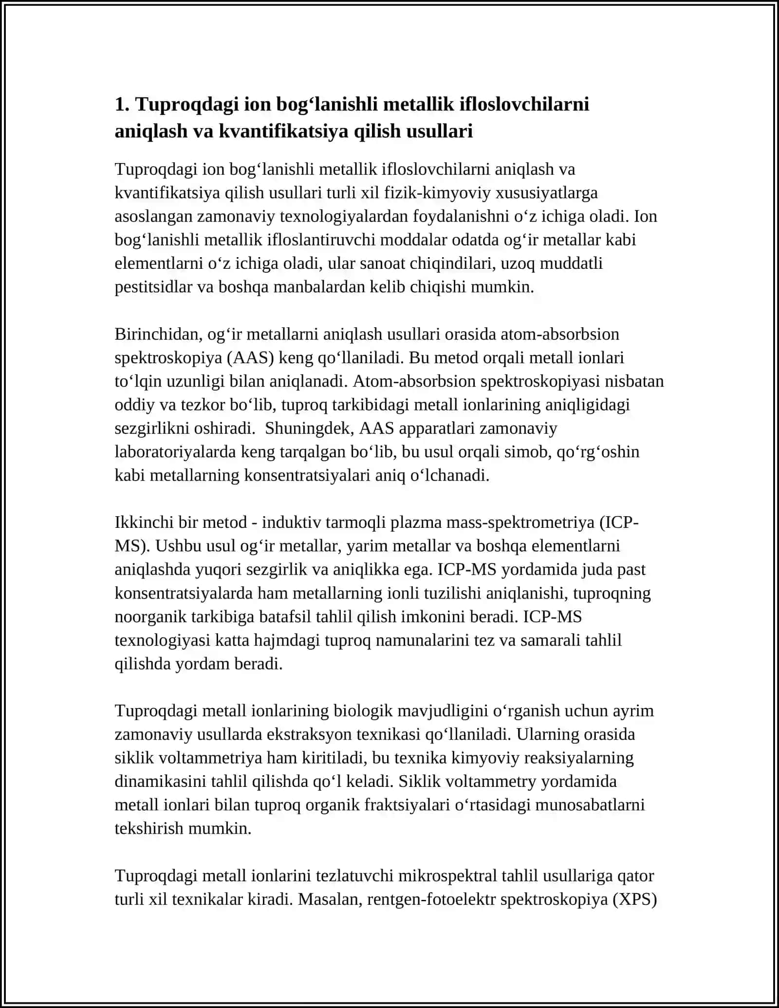 Tuproqdagi ion bog‘lanishli metallik ifloslovchilarni aniqlash va kvantifikatsiya qilish usullari 3