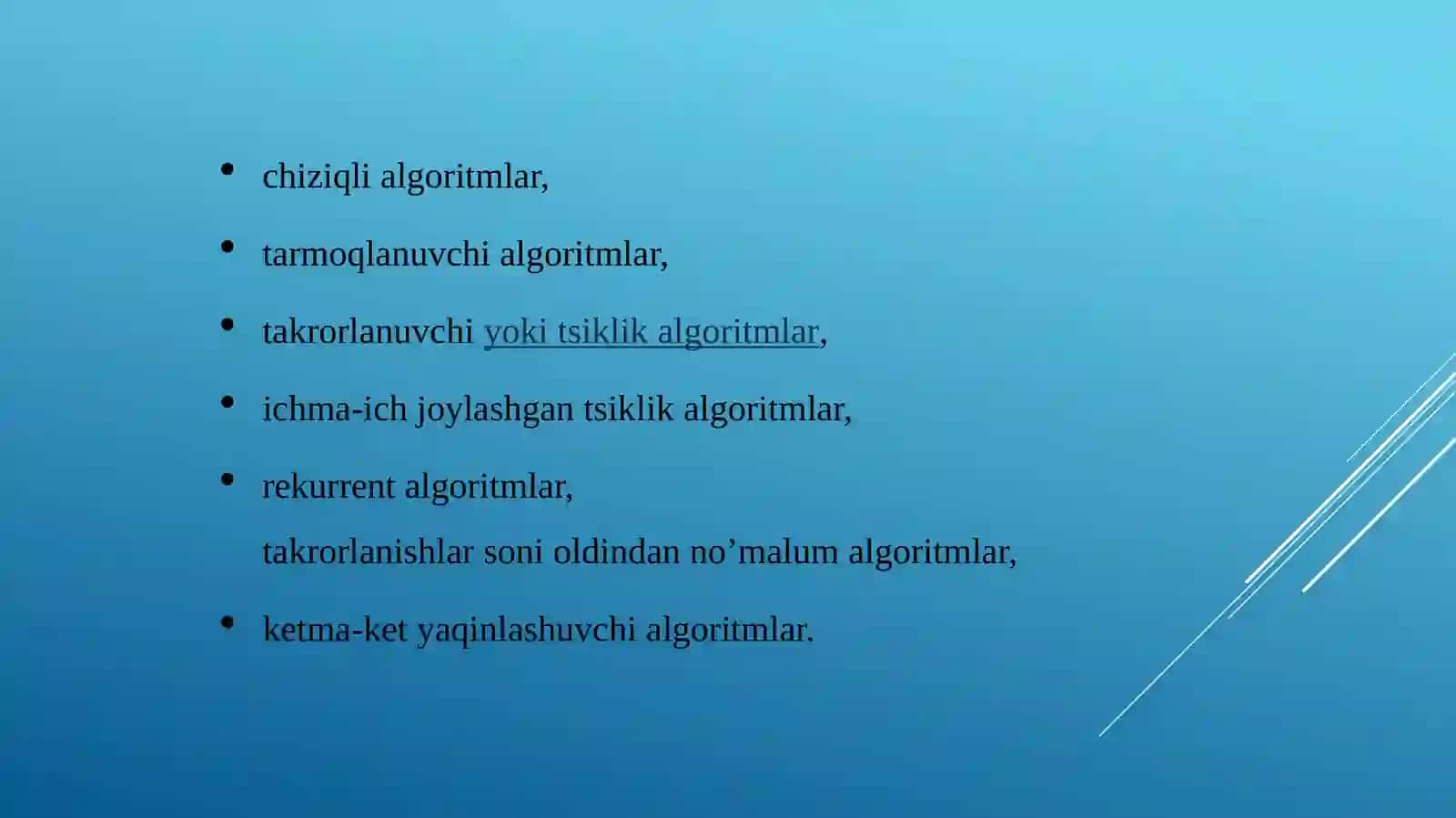 CHIZIQLI ALGORITMLAR. SIKLLAR. INTEGRALLARNI TAQRIBIY HISOBLASH 3