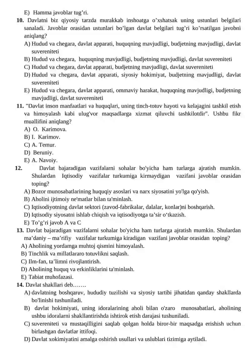 Davlat va huquq asoslari test savolllari 3
