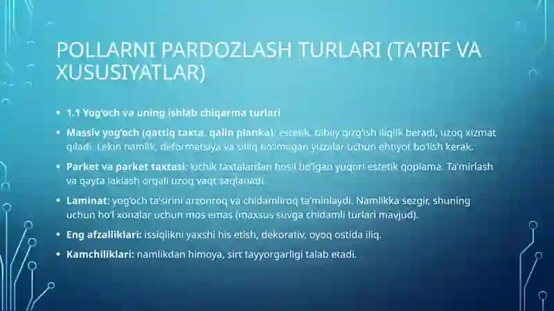 Pollar uchun pardozlash va issiqlik izolyatsiya materiallari 3