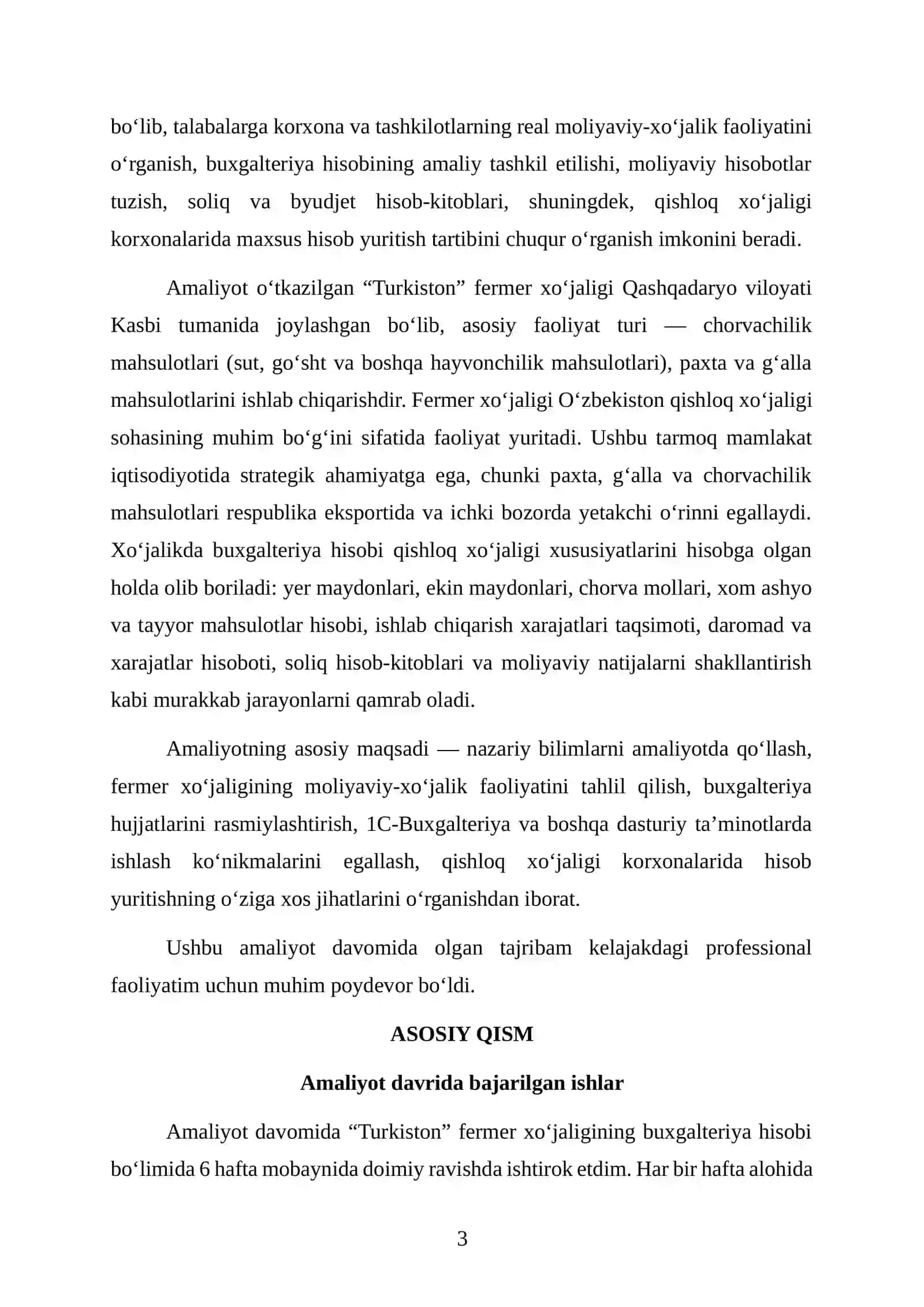 FERMER XOʻJALIGI, BUXGALTERIYA BOLIMI. Bitiruv malakaviy amaliyot hisoboti 3