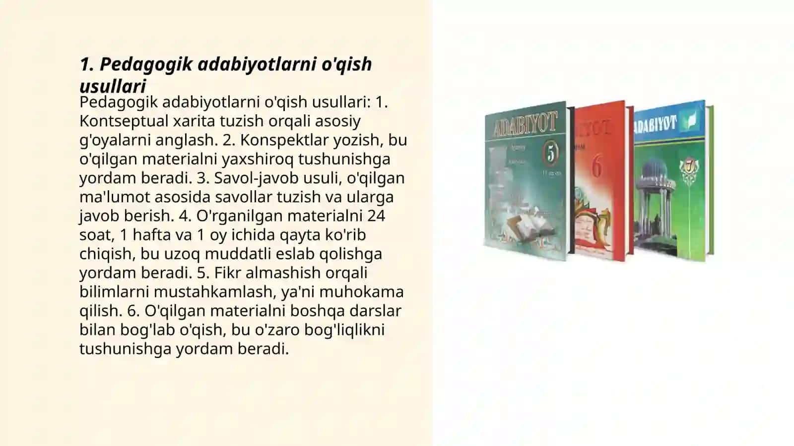 Pedagogik adabiyotlar lug'atlar o'qib o'rganish orqali metodika fan metodikasi tushunchalarini yoritib berish 3