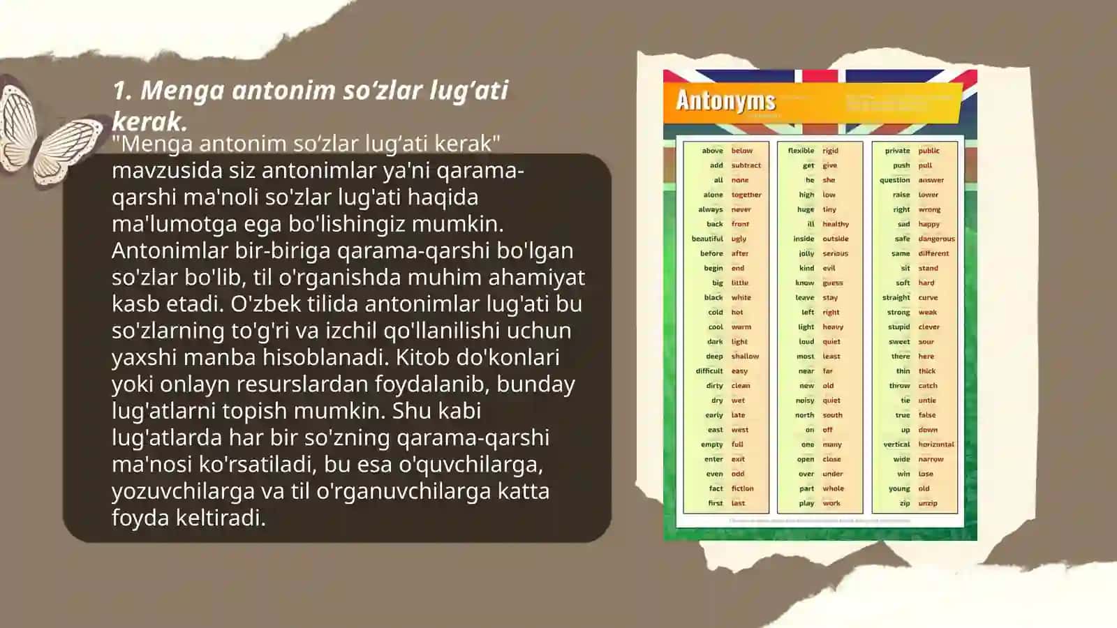 Menga antonim soʻzlar lugʻati kerak 3
