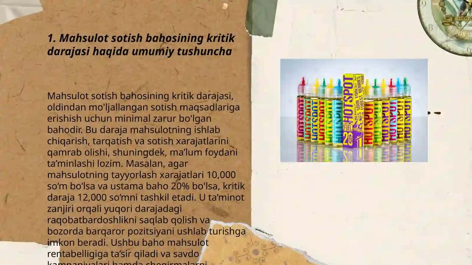 Mahsulot sotish bahosining kritik darajasi nima va unga tavsif bering 3