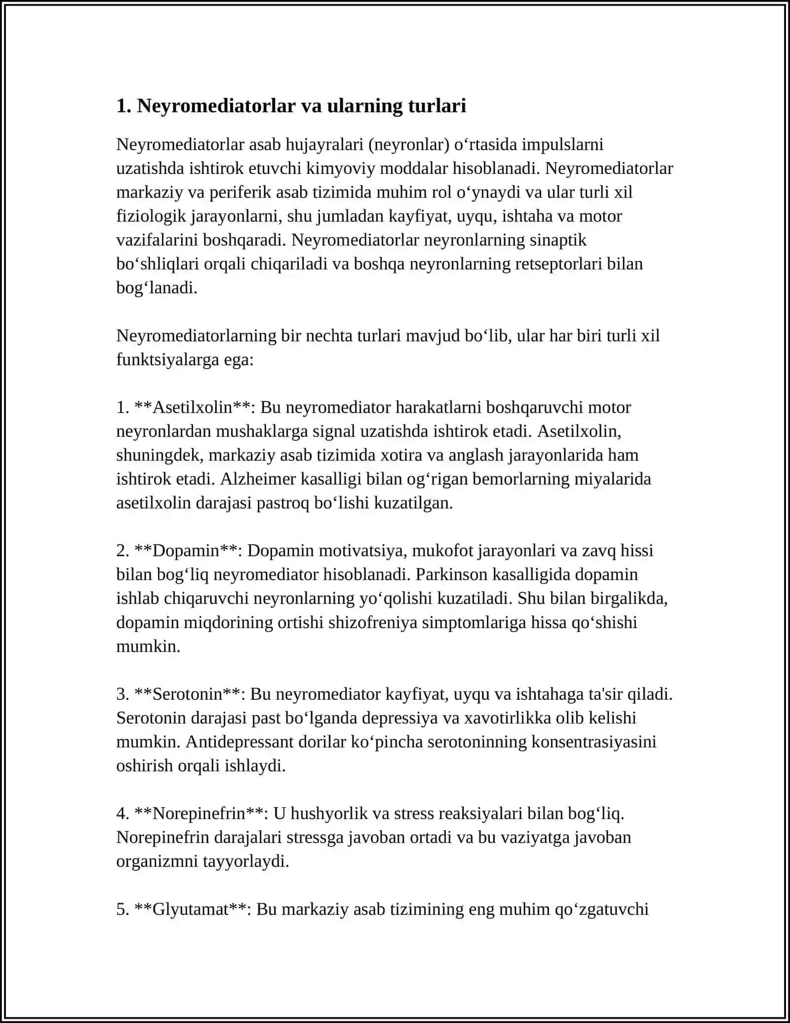 MUSTAQIL ISH Mavzu: NEYROMEDIATORLAR BIOSINTEZI AHAMYATI VA KASALLIKLARI 3