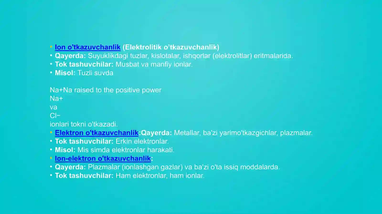 ELEKTROKIMYO. ELEKTR O’TQAZUVCHANLIK VA UNING TURLARI 3