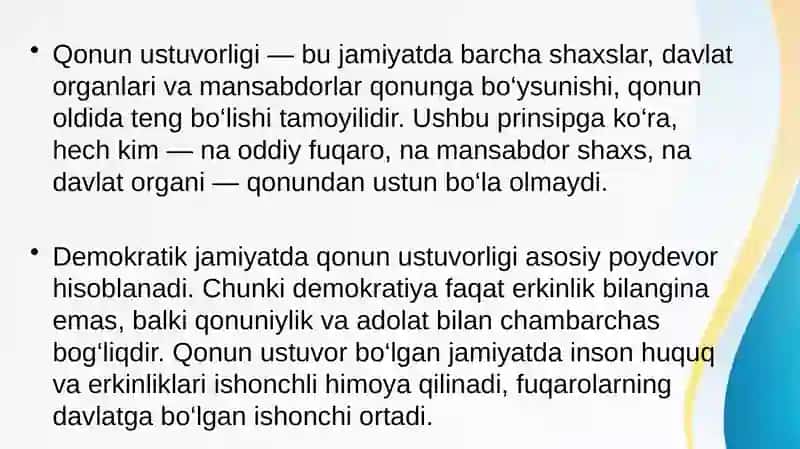 O’zbekistonda qonun ustuvorligini ta’minlashning demokratik soslari.Korrupsiya va unga qarshi kurashishning mazmun mohiyati 3