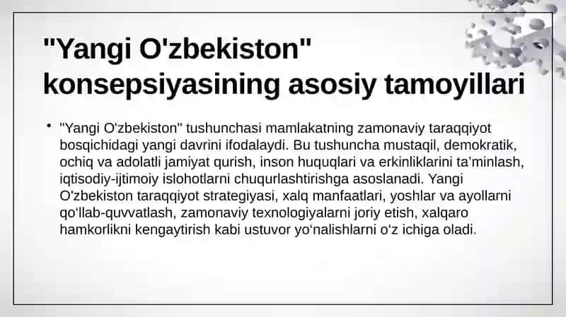 Yangi O'zbekiston tushunchasi va uning mazmun mohiyati. Yangi O'zbekiston Taraqqiyot strategiyasining asosiy mazmuni. O'zbekiston xalqchil, ijtimoiy davlat g'oyasining mohiyati. 3