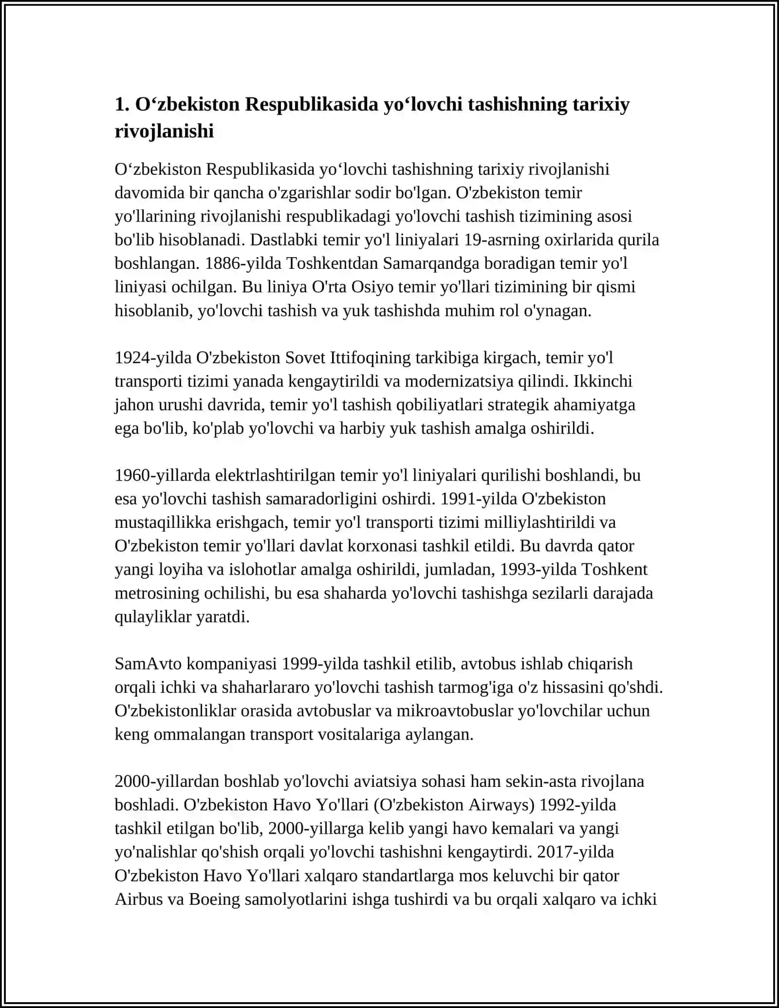 OʻZBEKISTON RESPUBLIKASI VA XORIJIY DAVLATLARDA YOʻLOVCHI TASHISHNING RIVOJLANISH TARIXI 3