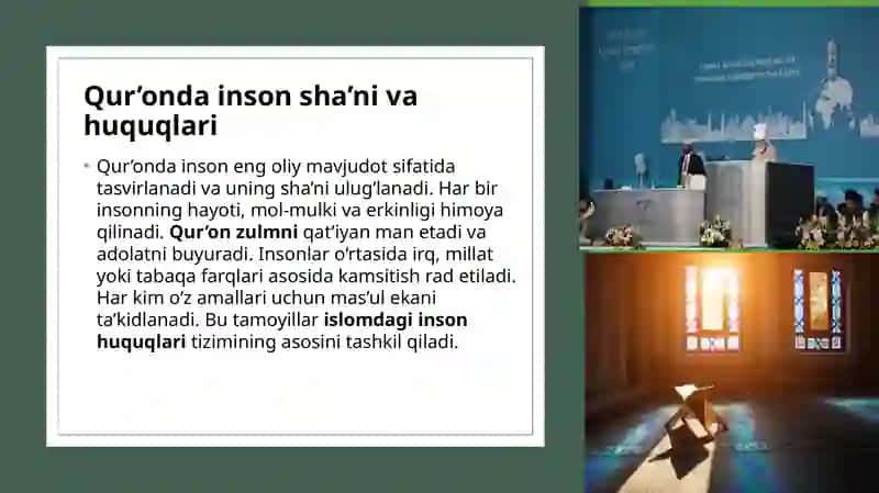 Islomda inson huquqlari himoyasi , ijtimoiy tenglik, adolat va tolerantlik mavzusida slayd 3
