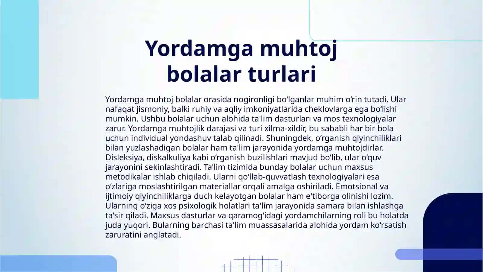 TA'LIM TASHKILOTLARIDA ALOHIDA YORDAMGA MUHTOJ BOLALARNI TAʼLIM OLISHINI QOʻLLAB QUVVATLASH TEXNALOGIYALARI 3