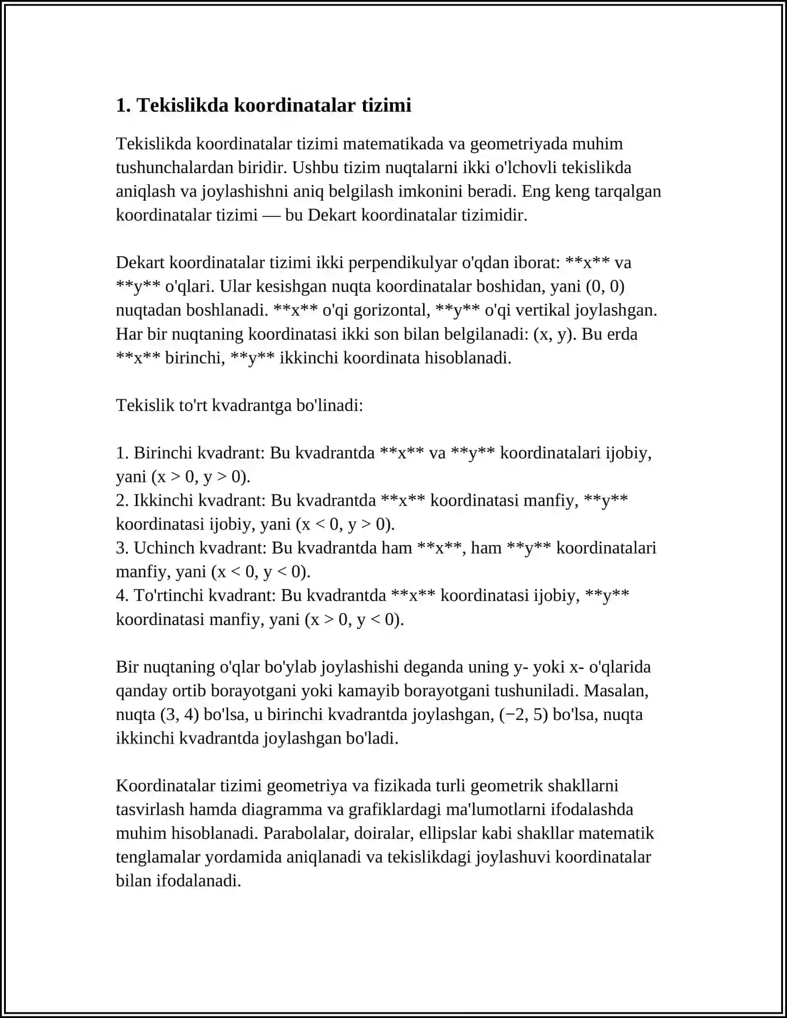 TEKISLIKDA VA FAZODA DEKORT KORDINATALAR SISTEMASI. KESMANI BERILGAN NISBATDA BOʻLISH UCHBURCHAK YUZINI VA OGʻIRLIK MARKAZINI TOPISH 3