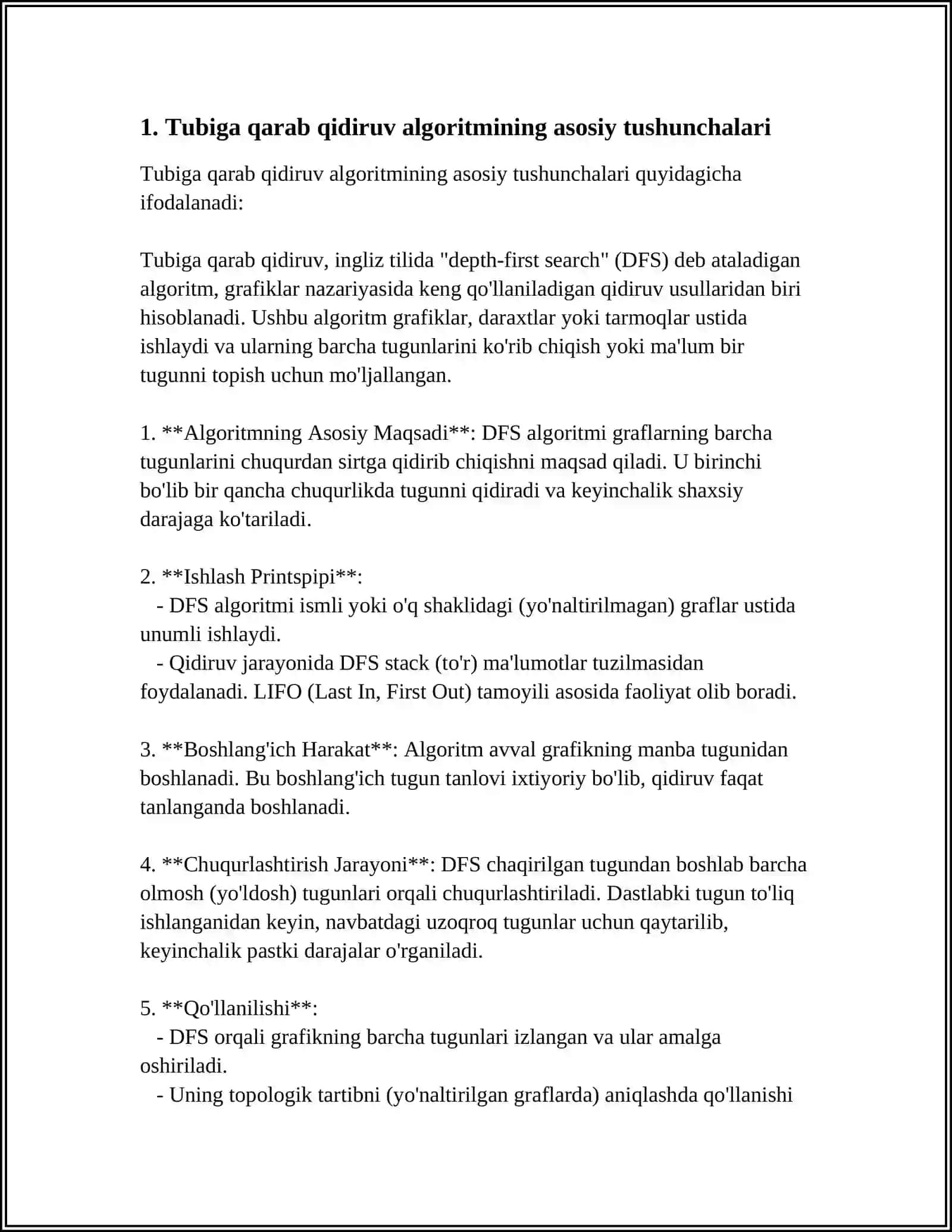 MUSTAQIL ISH Mavzu: TUBIGA QARAB QIDIRUV (DEPTH-FIRST SEARCH, DFS) ALGORITMI 3