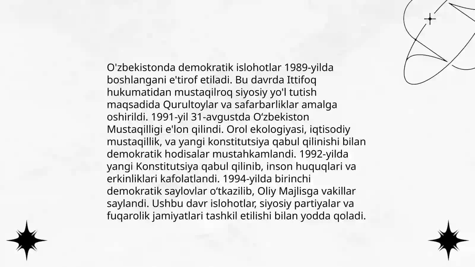 MT 20 O'zbekistonda demokratik, fuqarolik jamiyati asoslarining shakllanishi, amalga oshirilgan siyosiy islohotlar 3