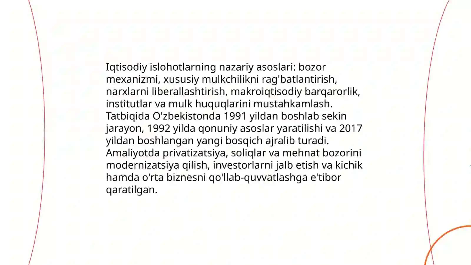 Iqtisodiy islohotlar,xususiy mulkchilikning shakinlanishi va Ozbekistonda bozor munosabatlarining rivojlanishi Rajabov Otabek 3