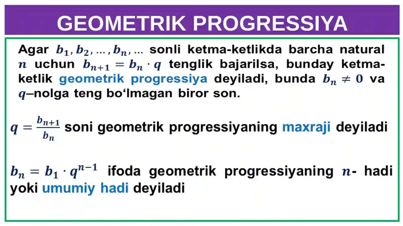 Geometrik progressiya. Cheksiz kamayuvchi geometrik progressiya 3