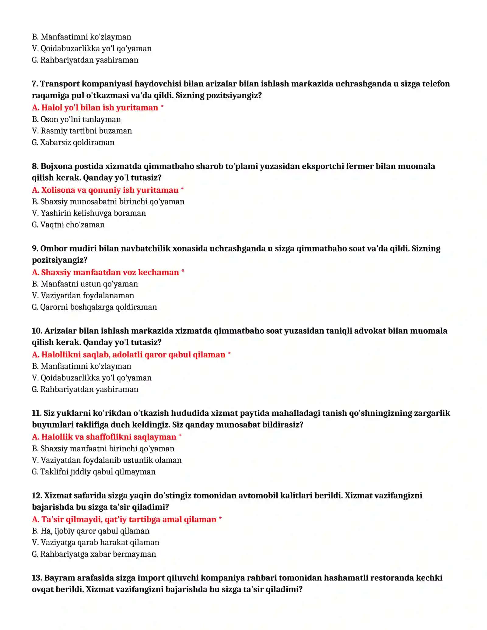 BOJXONA AKADEMIYASI - KASBIY TANLOV TEST SAVOLLARI (№ 14) 3